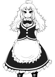 Rule 34 | 1girl, :&gt;, ahoge, apron, arms behind back, boots, bow, bowtie, breasts, collared shirt, commentary, frilled apron, frilled skirt, frilled sleeves, frills, greyscale, highres, ichigo kotou, kirisame marisa, long hair, long skirt, looking at viewer, medium breasts, messy hair, monochrome, no headwear, no headwear, puffy short sleeves, puffy sleeves, shirt, short sleeves, skirt, skirt set, solo, thick eyebrows, touhou, tsurime, vest, waist apron