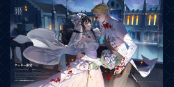 Rule 34 | 1boy, 1girl, absurdres, balcony, beishang yutou, black hair, blonde hair, blood, blood on face, blood on hands, bloody weapon, bouquet, bow, bowtie, bridal veil, coat, collared shirt, couple, cowboy shot, dress, dress shirt, english text, engrish text, eye contact, flower, grey pants, grey vest, gun, hair flower, hair ornament, handgun, head wreath, highres, holding, holding bouquet, holding gun, holding weapon, long dress, long sleeves, looking at another, open clothes, open coat, pants, parted lips, ranguage, red bow, red bowtie, red eyes, shirt, short hair, short hair with long locks, sidelocks, sleeveless, sleeveless dress, spy x family, twilight (spy x family), veil, vest, weapon, wedding dress, white coat, white dress, white flower, white shirt, wing collar, yor briar
