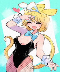 Rule 34 | 1girl, animal ears, arknights, black leotard, blonde hair, blue bow, blue bowtie, blue nails, blush, bow, bowtie, breasts, bunny day, closed eyes, collar, cowboy shot, detached collar, ears visible through hair, extra ears, fishnet pantyhose, fishnets, groin, heart, highres, kroos (arknights), kroos the keen glint (arknights), leotard, long hair, medium breasts, nankyoku arikui, open mouth, pantyhose, playboy bunny, ponytail, rabbit ears, rabbit girl, rabbit tail, solo, strapless, strapless leotard, tail, teeth, thighs, upper teeth only, very long hair, white collar, wrist cuffs