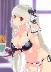 Rule 34 | 1girl, adapted costume, azur lane, black bra, black panties, blunt bangs, blush, bra, breasts, cleavage, commentary, cowboy shot, curtains, food, formidable (azur lane), frilled bra, frilled panties, frills, gluteal fold, hair ribbon, highres, holding, holding tray, ice cream, large breasts, light particles, lips, long hair, looking at viewer, napkin, panties, puckered lips, red eyes, ribbon, side-tie panties, silver hair, solo, spoon, straight hair, sundae, thigh strap, thighs, tray, twintails, underwear, underwear only, window, wrist cuffs, yoyoshi renga