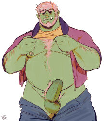 Rule 34 | 1boy, arm hair, bara, bare pectorals, beard, big belly, blush, chest hair, clothes lift, clothes pull, colored skin, cowboy shot, denim, erection, facial hair, girthy penis, green skin, heterochromia, highres, jeans, large pectorals, lifted by self, looking at viewer, male focus, male pubic hair, mature male, monster boy, muscular, muscular male, navel, navel hair, nipple piercing, nipples, orc, original, pants, pants pull, pectorals, penis, piercing, pubic hair, ruslorc, shirt lift, short hair, solo, stomach, thick eyebrows, thick thighs, thighs, tusks