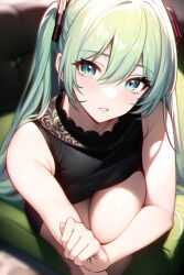 Rule 34 | 1girl, 95---, bare shoulders, black dress, blurry, blush, chinese commentary, commentary request, depth of field, dress, green eyes, green hair, hair between eyes, hair ornament, hatsune miku, highres, indoors, long hair, looking at viewer, parted lips, revision, sleeveless, sleeveless dress, solo, twintails, very long hair, vocaloid