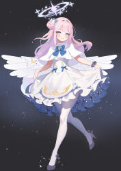 Rule 34 | 1girl, absurdres, baozi 9527, black background, black footwear, blue archive, blue halo, blush, capelet, closed mouth, dress, flower, full body, gradient background, hair bun, hair flower, hair ornament, halo, highres, long hair, looking at viewer, mika (blue archive), pantyhose, pink hair, shoes, single hair bun, single side bun, smile, solo, white capelet, white dress, white pantyhose, white wings, wings, yellow eyes