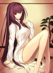 Rule 34 | 1girl, arm support, bare legs, breasts, fate/grand order, fate (series), highres, kauto, large breasts, long hair, purple hair, red eyes, ribbed sweater, scathach (fate), scathach (fate), sitting, solo, sweater, thighs