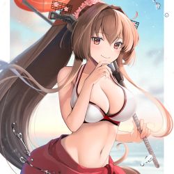 Rule 34 | 1girl, bikini, breasts, brown hair, cherry blossoms, cleavage, cloud, flower, gradient sky, hair flower, hair ornament, headgear, highres, kantai collection, large breasts, long hair, looking at viewer, navel, oil-paper umbrella, ponytail, red eyes, red sarong, red umbrella, sarong, sky, smile, solo, swimsuit, umbrella, white bikini, yamato (kancolle), yunamaro