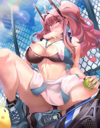 Rule 34 | 1girl, ankle socks, azur lane, bag, ball, bare shoulders, bird, black bra, black panties, black socks, blue sky, blush, bra, breasts, bremerton (azur lane), bremerton (scorching-hot training) (azur lane), chain-link fence, chick, cleavage, closed mouth, clothes lift, cloud, collared shirt, commentary, crop top, day, artistic error, fence, full body, green footwear, green skirt, grey hair, hair between eyes, hair intakes, hair ornament, hairclip, hand up, heart, heart necklace, holding, holding ball, jewelry, kylezhang42, large breasts, lens flare, long hair, looking at viewer, manjuu (azur lane), midriff, mole, multicolored hair, navel, necklace, nose blush, ocean, official alternate costume, outdoors, panties, pink eyes, pink hair, racket, resolution mismatch, shirt, shirt lift, shoes, sidelocks, sitting, skirt, sky, sleeveless, sleeveless shirt, sneakers, socks, solo, source larger, sportswear, streaked hair, sweat, tennis ball, tennis racket, tennis uniform, twintails, two-tone hair, two-tone shirt, two-tone skirt, underwear, white shirt, white skirt, wristband, x hair ornament