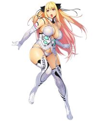 Rule 34 | 1girl, artist request, blonde hair, boots, breasts, detached sleeves, full body, garter straps, hair ribbon, large breasts, long hair, official art, open clothes, panties, red eyes, ribbon, shatte judevesten, simple background, solo, super robot wars, super robot wars x-omega, thigh boots, thighhighs, transparent background, underwear, white panties, white thighhighs