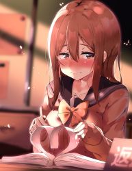 Rule 34 | 1girl, absurdres, blush, book, bow, bowtie, breasts, brown eyes, brown hair, buttons, cardigan, closed mouth, collarbone, commentary request, heart, highres, kunikida hanamaru, long hair, long sleeves, looking at viewer, love live!, love live! sunshine!!, lovestruck, medium breasts, neckerchief, popii (yuuta679), school uniform, shadow, sitting, sleeves past wrists, solo, tears, upper body