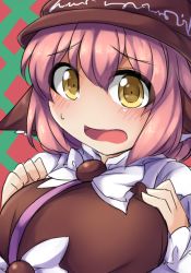 Rule 34 | 1girl, animal ears, blush, breasts, brown dress, brown eyes, bustier, dress, female focus, fun bo, large breasts, looking at viewer, mystia lorelei, open mouth, pink hair, solo, touhou, upper body