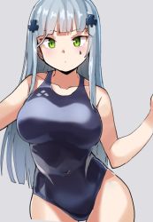 Rule 34 | 1girl, bare shoulders, blue hair, blue one-piece swimsuit, blunt bangs, breasts, collarbone, competition swimsuit, covered navel, cowboy shot, girls&#039; frontline, green eyes, grey background, hair ornament, highres, hk416 (girls&#039; frontline), justeeeeth, korean commentary, large breasts, long hair, looking at viewer, one-piece swimsuit, sidelocks, simple background, solo, swimsuit, tattoo