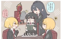 Rule 34 | 1girl, 1other, 3boys, black eyes, black gloves, black hair, blonde hair, board game, chair, chess, chess piece, clenched teeth, clock, closed eyes, coat, dante (limbus company), don quixote (project moon), fire, gloves, hands up, high ponytail, hong lu (project moon), limbus company, long hair, long sleeves, marbornath, multiple boys, object head, open mouth, project moon, red coat, sinclair (project moon), sitting, smile, table, teeth, very long hair, yellow eyes, yi sang (project moon)