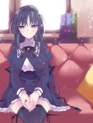 Rule 34 | 1girl, assault lily, black hair, black ribbon, black skirt, black thighhighs, blurry, blurry background, blurry foreground, breasts, buttons, closed mouth, commentary, couch, cowboy shot, cropped jacket, cushion, day, depth of field, frilled skirt, frills, hair between eyes, hands on lap, high-waist skirt, highres, indoors, jewelry, juliet sleeves, large breasts, leg ribbon, light blush, light particles, long hair, long sleeves, looking away, looking to the side, miniskirt, naridon, neck ribbon, on couch, own hands together, puffy sleeves, purple eyes, ribbon, ring, school uniform, shirai yuyu, shirt, sidelocks, sideways glance, sitting, skirt, smile, solo, thigh ribbon, thighhighs, very long hair, white shirt, window, yurigaoka girls academy school uniform, zettai ryouiki