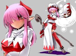 Rule 34 | 1girl, blush, breasts, demon girl, demon horns, hair over eyes, hisame genta, holding, holding staff, hood, horns, large breasts, long hair, multiple views, necktie, open mouth, original, pointy ears, red eyes, red necktie, red thighhighs, robe, sidelocks, staff, thighhighs, white mage (final fantasy)