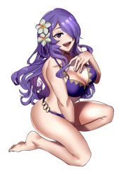 Rule 34 | 1girl, absurdres, barefoot, bikini, breasts, camilla (fire emblem), camilla (summer) (fire emblem), cleavage, ebinku, fire emblem, fire emblem fates, fire emblem heroes, flower, full body, hair flower, hair ornament, hair over one eye, highres, large breasts, long hair, nintendo, open mouth, purple eyes, purple hair, simple background, solo, swimsuit, white background