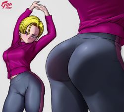 Rule 34 | 1girl, android 18, artist name, ass, ass focus, blonde hair, blue eyes, blush, breasts, dragon ball, dragon ball super, godvore, highres, huge ass, jacket, large breasts, mature female, pants, short hair, simple background, solo, stretching, thick thighs, thighs, tight clothes, tight pants, track jacket, yoga pants