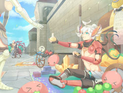 Rule 34 | &gt; &lt;, :3, ahoge, apple, armor, armored boots, assassin cross (ragnarok online), axe, belt, berry, black gloves, black jacket, black pants, black shirt, blonde hair, blue dress, blue sky, boots, box, breastplate, brick wall, brown belt, brown legwear, building, cape, cat, chainmail, cloud, coin, commentary request, cross, crystal, day, dress, emperium, fingerless gloves, food, fruit, full body, gauntlets, gloves, gradient wings, green apple, grey jumpsuit, habit, head out of frame, head wings, in-universe location, jacket, jumpsuit, jumpsuit around waist, knight (ragnarok online), long hair, looking at another, looking to the side, mechanic (ragnarok online), multicolored wings, musical note, open clothes, open mouth, open shirt, orange wings, outdoors, pants, pauldrons, poring, potion, priest (ragnarok online), pullcart, purple wings, q qree, ragnarok online, red apple, red armor, red cape, red eyes, red scarf, scarf, shirt, short hair, shoulder armor, shrug (clothing), sitting, sky, slime (creature), smile, socks, spoken musical note, standing, stone floor, torn cape, torn clothes, torn scarf, vambraces, waist cape, walking, wall, white hair, wildrose, wings