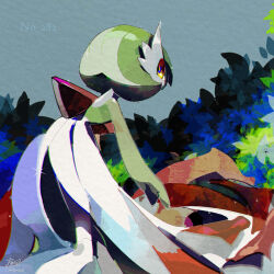 Rule 34 | 1girl, artist name, bent over, blue sky, colored skin, commentary request, creatures (company), dated, day, feet out of frame, flower, from behind, game freak, gardevoir, gen 3 pokemon, green hair, green skin, highres, looking at viewer, looking back, multicolored skin, nintendo, no humans, plant, pokemon, pokemon (creature), red eyes, reirou (re16ko89), short hair, signature, sky, solo, sparkle, two-tone skin, white skin