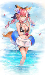 Rule 34 | 1girl, animal ear fluff, animal ears, bare arms, bare legs, bare shoulders, bikini, black bikini, black choker, blue flower, blue ribbon, blue sky, breasts, bridal garter, bubble, choker, cleavage, cloud, cloudy sky, collarbone, commentary request, day, fang, fate/grand order, fate (series), flower, food, hair flower, hair ornament, halterneck, hand up, highres, holding, holding food, horizon, innertube, large breasts, long hair, looking at viewer, luminous, navel, ocean, outdoors, petals, pink hair, popsicle, ribbon, side-tie bikini bottom, sky, smile, solo, standing, star (symbol), stomach, swim ring, swimsuit, tail, tamamo (fate), tamamo no mae (fate/extra), thighs, twintails, wading, water, wristband, yellow eyes