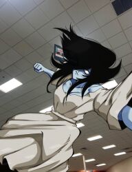 Rule 34 | 1girl, black hair, ceiling, ceiling light, clenched hand, closed mouth, collarbone, dodo sparks, dress, fluorescent lamp, from below, frown, highres, indoors, long hair, meme, midair, photo background, reference request, sadako ceiling tv redraws (meme), solo, television, the ring, tile ceiling, tiles, white dress, yamamura sadako
