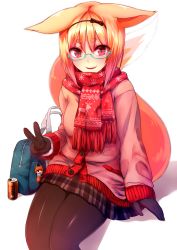 Rule 34 | 1girl, absurdres, animal ears, bad id, bad pixiv id, bag, blonde hair, blue-framed eyewear, can, glasses, gloves, hairband, highres, looking at viewer, original, pantyhose, plaid, plaid skirt, red eyes, red scarf, scarf, short hair, simple background, sitting, skirt, smile, solo, sukemyon, tail, v, white background