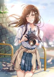Rule 34 | 1girl, beige cardigan, blue neckwear, blue skirt, brown hair, camera, canon (company), cardigan, cardigan around waist, cat, cherry blossoms, clothes around waist, collarbone, collared shirt, commentary request, day, flower, glint, grin, hair blowing, hair flower, hair ornament, highres, hisao 0111, holding, holding camera, lens flare, looking at viewer, original, outdoors, plaid, plaid skirt, pleated skirt, school uniform, shirt, single-lens reflex camera, skirt, smile, solo, spring (season), standing, stone wall, teeth, wall, white shirt, yellow eyes