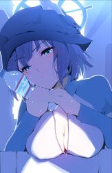 Rule 34 | 1girl, aqua eyes, black hat, blue archive, blue jacket, blush, bottle, breasts, bucket hat, cleavage, cropped jacket, grey hair, halo, hat, highres, jacket, large breasts, long sleeves, looking at viewer, multicolored clothes, multicolored jacket, official alternate costume, raglan sleeves, rash guard, saki (blue archive), saki (swimsuit) (blue archive), short hair, sidelocks, solo, tomoyuki hino, two-tone jacket, water bottle, wet, white jacket