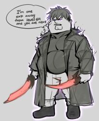 Rule 34 | 1boy, absurdres, aura, black coat, black hair, black shirt, cleft chin, coat, cosplay, dagger, double chin, dual wielding, english text, family guy, fat, fat man, full body, grey pants, highres, holding, holding dagger, holding knife, holding weapon, knife, kowai (iamkowai), male focus, pants, peter griffin, purple eyes, shirt, solo, solo leveling, speech bubble, standing, sung jin-woo, sung jin-woo (cosplay), weapon
