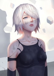 Rule 34 | 1girl, android, bare shoulders, black tank top, blank stare, blue eyes, collarbone, debris, du mogu, hair over one eye, highres, looking up, mole, mole under mouth, nier (series), nier:automata, open mouth, short hair, silver hair, solo, tank top, teeth, torn clothes, upper body, upper teeth only, a2 (nier:automata)