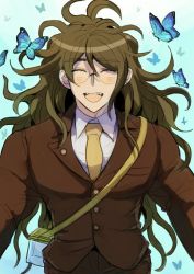 Rule 34 | 1boy, :d, blue butterfly, blush, brown hair, brown jacket, brown pants, bug, butterfly, closed eyes, collared shirt, danganronpa (series), danganronpa v3: killing harmony, facing viewer, glasses, gokuhara gonta, grey shirt, hair between eyes, highres, insect, insect cage, jacket, kumakoro (tetsupag), long hair, male focus, messy hair, open mouth, pants, round eyewear, shirt, simple background, smile, solo, teeth, upper teeth only, white background