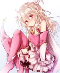 Rule 34 | 1girl, baram, bare shoulders, blonde hair, blush, boots, cape, commentary request, elbow gloves, eyes visible through hair, fate/kaleid liner prisma illya, fate (series), gloves, hair between eyes, hair ornament, illyasviel von einzbern, long hair, looking at viewer, pink footwear, pink gloves, prisma illya, red eyes, simple background, solo, tears, thigh boots, thighhighs, two side up, white background, white cape, white gloves