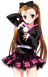 Rule 34 | 1girl, adjusting hair, arm up, belt, blush, bow, brown hair, embarrassed, flat chest, hair bow, hairband, idolmaster, idolmaster (classic), lace, long hair, long sleeves, minase iori, open mouth, plaid, plaid skirt, rabbit, red eyes, sakana (flame sakana), simple background, skirt, sleeves past wrists, solo, standing, stuffed animal, stuffed rabbit, stuffed toy, very long hair, white background