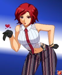 Rule 34 | 1girl, blowing kiss, breasts, gloves, hand on own hip, large breasts, leaning forward, looking at viewer, mature female, midriff, navel, pants, pixel art, puckered lips, red eyes, red hair, snk, solo, the king of fighters, vanessa (kof)
