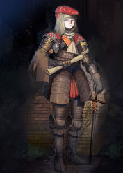 Rule 34 | 1girl, armor, armored boots, beret, blonde hair, blunt bangs, boots, breastplate, brick wall, faulds, gauntlets, greaves, grin, hand on hilt, hat, highres, holding, holding paper, holding sword, holding weapon, korean commentary, long hair, looking at viewer, neck ruff, original, panda8581, paper, pauldrons, plackart, plant, plate armor, pleated skirt, purple eyes, red hat, red skirt, shoulder armor, skirt, smile, solo, standing, sword, vambraces, vines, weapon