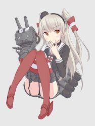 Rule 34 | 10s, 1girl, amatsukaze (kancolle), bad id, bad pixiv id, black panties, blush, brown dress, brown eyes, choker, dress, eyebrows, full body, garter straps, grey background, hair tubes, hairband, highres, kantai collection, knees together feet apart, lifebuoy, long hair, long sleeves, o o, open mouth, panties, pantyshot, red thighhighs, rensouhou-kun, robot, sailor dress, seedflare, silver hair, simple background, sitting, smile, solo, swim ring, thighhighs, torpedo, turret, two side up, underwear