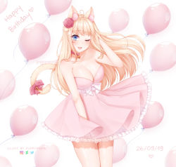 Rule 34 | 1girl, ahoge, animal ears, artist name, balloon, bare shoulders, bell, blonde hair, blush, bow, breasts, cat ears, cat tail, cleavage, collar, collarbone, commentary, commission, dated, deviantart logo, dress, fictional persona, happy birthday, heart, highres, instagram logo, large breasts, long hair, looking at viewer, neck bell, one eye closed, original, pink dress, puppypaww, smile, solo, tail, twitter logo