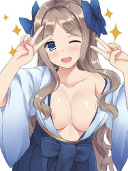 Rule 34 | 10s, 1girl, areola slip, asakaze (kancolle), blue eyes, blush, bow, breasts, collarbone, double v, female focus, hair bow, hair ribbon, hakama, hakama skirt, highres, japanese clothes, kantai collection, light brown hair, long hair, looking at viewer, medium breasts, meiji schoolgirl uniform, mizunashi kenichi, no bra, off shoulder, one eye closed, open mouth, parted bangs, ribbon, simple background, skirt, v, v over eye, wavy hair, white background, wide sleeves