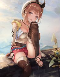 Rule 34 | 1girl, atelier (series), atelier ryza, atelier ryza 1, beret, black ribbon, breasts, bright pupils, cleavage, cloud, collarbone, drawstring, hair ornament, hairclip, hat, hat ribbon, highres, inushida (dogsheepsheep), jewelry, light brown hair, medium breasts, navel, necklace, orange eyes, outdoors, pink shorts, reisalin stout, ribbon, short hair, short shorts, shorts, sitting, sky, solo, star (symbol), star necklace, thighhighs, thighs, twilight, vial, white hat, white pupils, white thighhighs