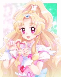 Rule 34 | 10s, 1girl, aged up, blonde hair, brooch, commentary, commentary request, cure tomorrow, earrings, fingerless gloves, gloves, heart, heart brooch, highres, hug-tan (precure), hugtto! precure, jewelry, long hair, magical girl, nanamip, precure, red eyes, ribbon, scrunchie, solo, tiara