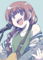 Rule 34 | 1girl, :d, bass guitar, black bow, black jacket, black nails, blunt bangs, blush, bocchi the rock!, bow, braid, dress, green dress, hair bow, hair over shoulder, hiroi kikuri, holding, holding instrument, instrument, inui sekihiko, jacket, long hair, long sleeves, looking at viewer, microphone, microphone stand, multicolored clothes, multicolored jacket, music, open clothes, open jacket, open mouth, playing instrument, purple hair, sharp teeth, simple background, singing, single braid, smile, solo, sweatdrop, teeth, two-tone jacket, upper body, white jacket