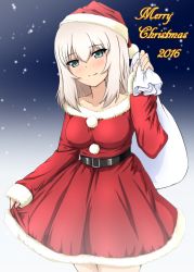 Rule 34 | 10s, 1girl, 2016, bag, belt, blush, breasts, closed mouth, cowboy shot, cursive, diesel-turbo, dress, english text, girls und panzer, hat, itsumi erika, light smile, long hair, looking at viewer, medium breasts, merry christmas, night, night sky, oversized object, red dress, red hat, santa costume, santa hat, short dress, skirt hold, sky, solo, standing