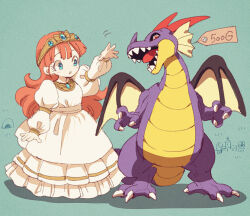 Rule 34 | 1girl, aged down, blue gemstone, child, church, curly hair, dragon, dragon lord, dragon quest, dragon quest i, dress, full body, gem, gloves, juliet sleeves, light blush, long hair, long sleeves, open hands, orange hair, outstretched hand, parted lips, princess, princess laura, puffy sleeves, simple background, standing, stuffed toy, tiara, white dress, white gloves, yuza