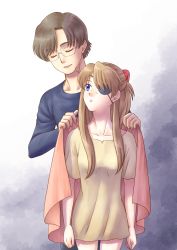 Rule 34 | 1boy, 1girl, age difference, aida kensuke, annoyed, beard, blue eyes, breasts, brown hair, closed eyes, covering privates, evangelion: 3.0+1.0 thrice upon a time, eyepatch, facial hair, glasses, hair ornament, hairclip, long hair, looking up, neon genesis evangelion, rebuild of evangelion, shirt, souryuu asuka langley, standing, surprised, sweater