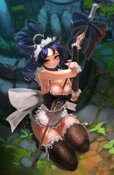 Rule 34 | 1girl, alternate costume, bad id, bad pixiv id, between breasts, blue hair, breasts, cleavage, enmaided, french maid nidalee, garter straps, highres, kneeling, large breasts, league of legends, long hair, looking at viewer, maid, maid headdress, nidalee, polearm, ponytail, solo, spear, thighhighs, weapon, yd (orange maru), yellow eyes