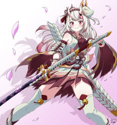 Rule 34 | 1girl, absurdres, asanaya, clenched teeth, fox mask, highres, holding, holding sword, holding weapon, hololive, horns, japanese clothes, katana, long hair, looking at viewer, mask, mask on head, multicolored hair, nakiri ayame, oni, petals, pink background, red hair, skin-covered horns, smile, solo, standing, sword, teeth, thighhighs, two-tone hair, virtual youtuber, weapon, white background, white thighhighs