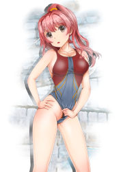 Rule 34 | 1girl, brown eyes, clothing aside, competition swimsuit, frontal wedgie, highleg, highleg swimsuit, long hair, mashinatsu, one-piece swimsuit, original, pink hair, ponytail, solo, swimsuit, swimsuit aside, wedgie