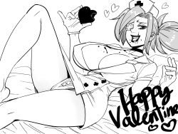 Rule 34 | 1girl, bb (baalbuddy), bed, black lips, breasts, candy, chocolate, chocolate heart, choker, cleavage, collarbone, crumbs, eyepatch, food, food on face, gloves, greyscale, half-closed eyes, hat, heart, highres, large breasts, latex, latex gloves, lying, monochrome, nostrils, nurse cap, pillow, ponytail, scar, scar on face, skullgirls, solo, upskirt, valentine, valentine (skullgirls)
