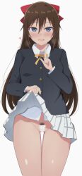Rule 34 | 1girl, black jacket, blue eyes, blush, brown hair, censored, cleft of venus, clothes lift, commentary request, female pubic hair, gluteal fold, hair ribbon, heart, heavy breathing, highres, jacket, lifting own clothes, long hair, long sleeves, looking at viewer, love live!, love live! nijigasaki high school idol club, neck ribbon, nijigasaki school uniform, no panties, osaka shizuku, pubic hair, pussy, red skirt, ribbon, school uniform, scribble censor, shirt, skirt, skirt lift, smile, sweatdrop, wewe, white background, white shirt, yellow ribbon