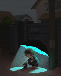 Rule 34 | androgynous, brown hair, cat, child, commentary, contrast, denim, gender request, holding, holding umbrella, jeans, kasako (swrb0505), night, original, outdoors, pants, shoes, sky, sneakers, solo, spotlight, squatting, star (sky), starry sky, umbrella