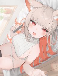 Rule 34 | 1girl, animal ear fluff, animal ears, asymmetrical sidelocks, bare arms, bare shoulders, black thighhighs, blunt bangs, blush, bow, braid, breasts, cellphone, colored inner hair, crop top, dutch angle, earrings, extra ears, fang, fang out, fox ears, fox girl, fox tail, highres, holding, holding phone, indoors, jewelry, large breasts, long hair, looking at viewer, lying, mayu shirasaki, multicolored bow, multicolored hair, navel, on back, on bed, open mouth, original, panties, panty pull, phone, pink hair, plant, potted plant, red eyes, red hair, ribbed sweater, shirt grab, side braid, sideboob, sidelocks, single braid, smartphone, solo focus, sorotu, string panties, stud earrings, sweater, tail, thighhighs, turtleneck, underwear, very long hair, white panties, wooden floor