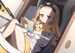 Rule 34 | 1girl, black hairband, black ribbon, blonde hair, blue eyes, chair, closed mouth, collarbone, commentary request, feet out of frame, forehead, hair ribbon, hairband, highres, holding, hood, hood down, hoodie, knees up, kurumi (lycoris recoil), long hair, looking at viewer, lycoris recoil, office chair, on chair, ribbon, sitting, solo, swivel chair, tablet pc, very long hair, wagashi928, white hoodie